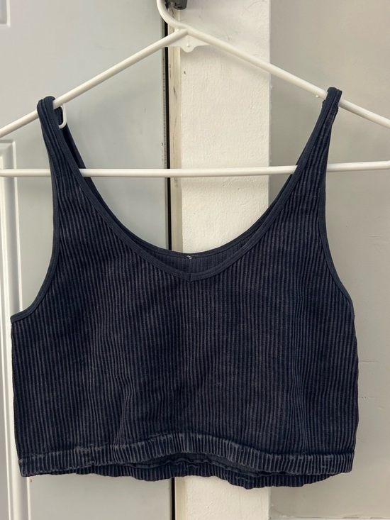 Tops - Ribbed V-Neck Cropped Tank Top - Navy